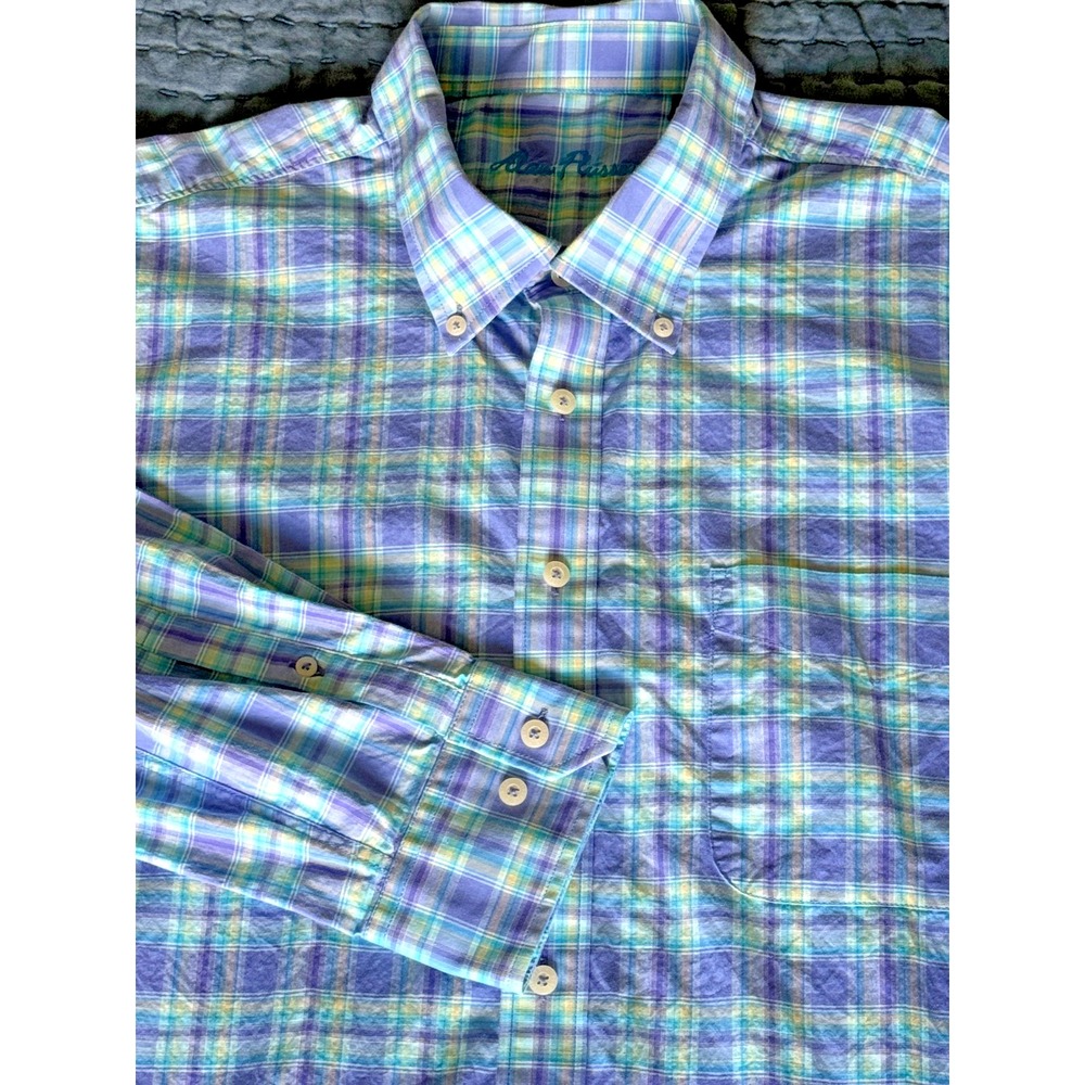 Alan Flusser Mens XXL Blue Lilac Plaid Button‑Down Shirt 100% Cotton Long Sleeve